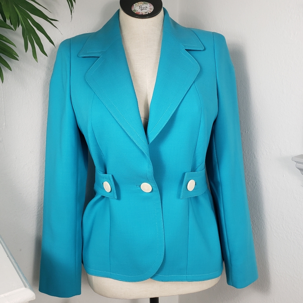 Escada Turquiose Blue w/ Big White Buttons & Belt - Coastal Beach Vintage 40/10